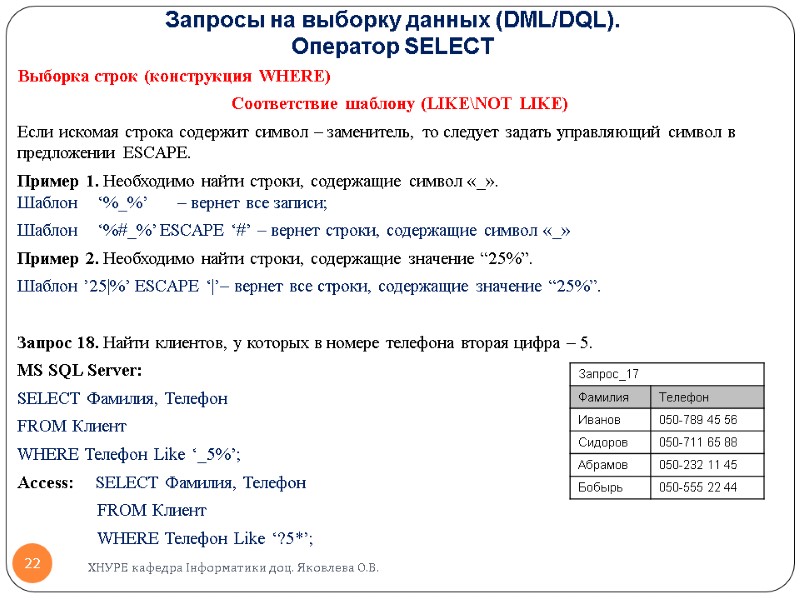 Запросы на выборку данных (DML/DQL).  Оператор SELECT  Выборка строк (конструкция WHERE) Соответствие